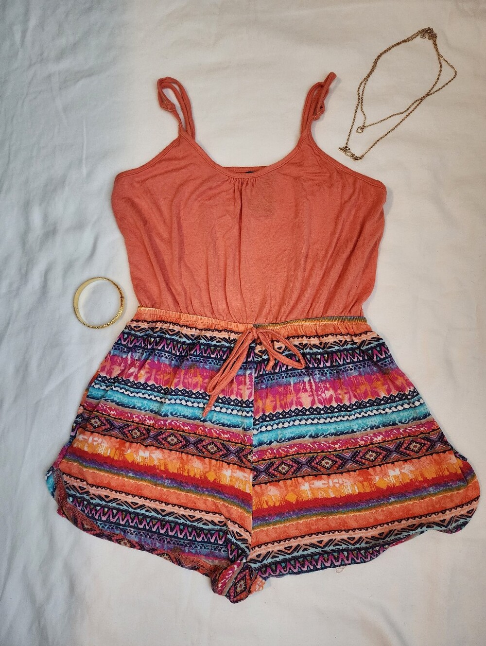 Justify Coral Tribal Print Cami Romper Small